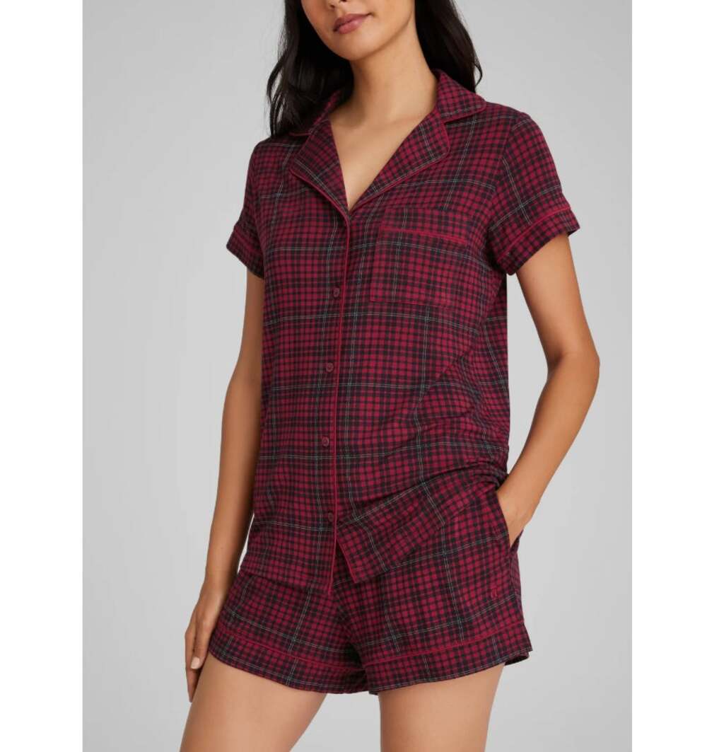 Tommy John Downtime Pajama Top & Short Set Rhubarb Flannel Size S